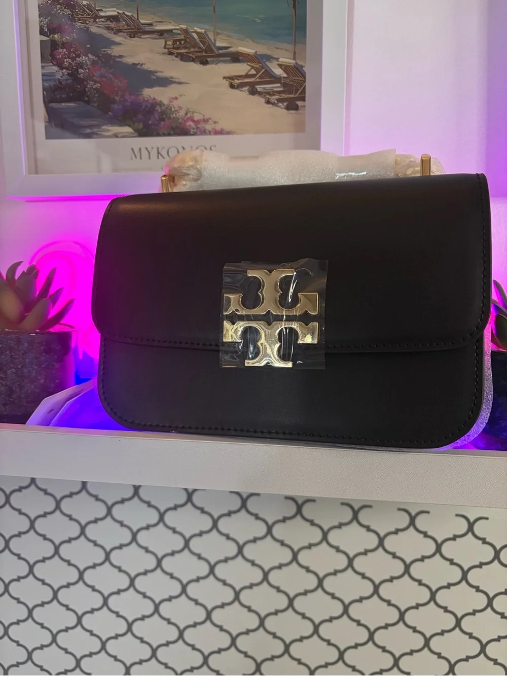 Tory Burch Black Leather Shoulder Bag with Gold Logo Plaque
